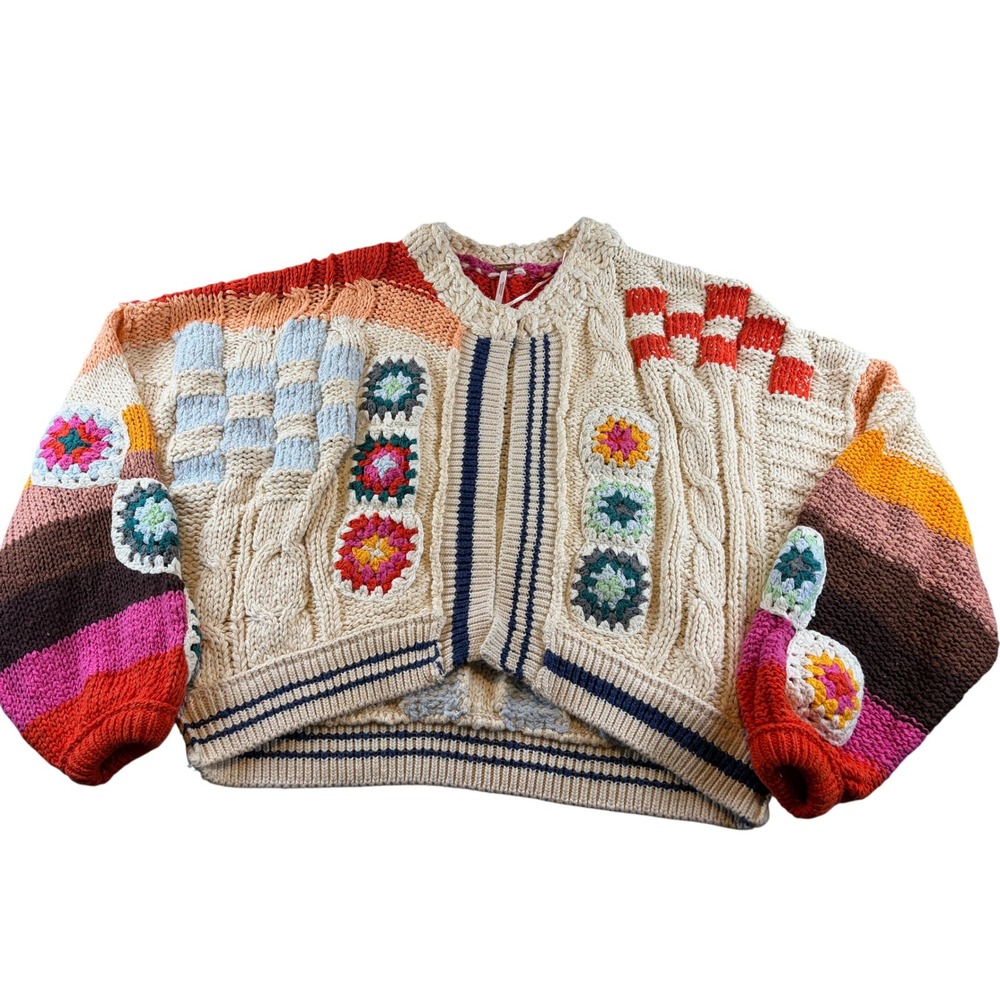 Free People Crochet Patchwork Cardigan Sweater Multi Color Granny Square Small - Picture 1 of 5